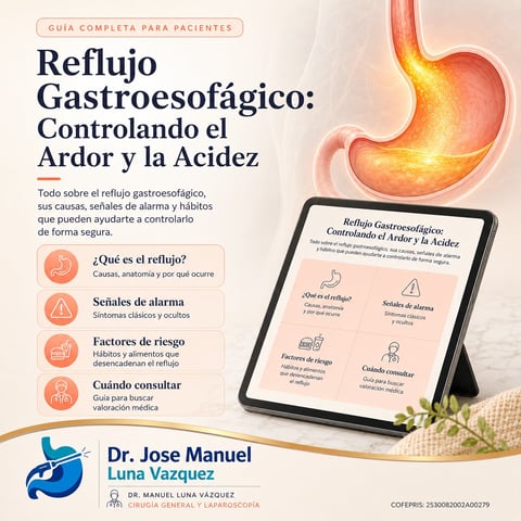 Spanish medical guide for gastroesophageal reflux control featuring Dr. Jose Manuel Luna Vazquez, displayed on tablet with anatomical stomach illustration