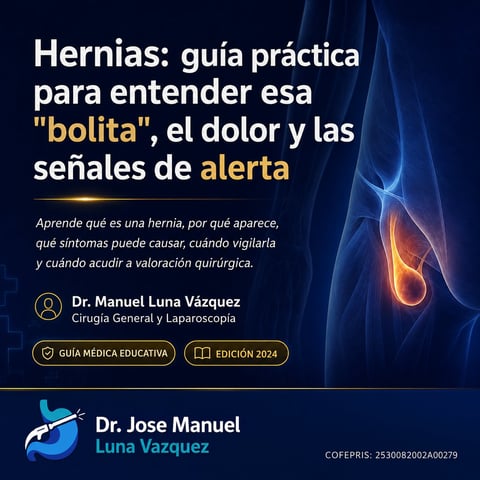 Medical educational guide about hernias in Spanish by Dr. Manuel Luna Vazquez, featuring anatomical illustration and warning signs