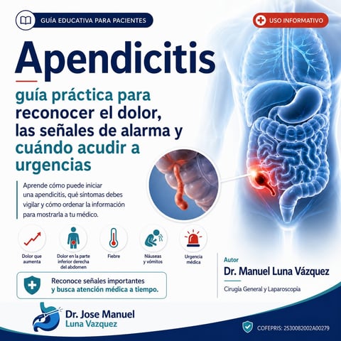 Educational guide about appendicitis showing symptoms, warning signs, and when to seek emergency care with anatomical illustrations