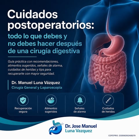 Medical infographic on post-operative care after digestive surgery by Dr. Manuel Luna Vázquez, showing stomach and intestines with guidance on recovery, nutrition, and warning signs