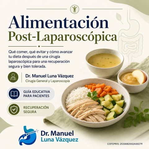 Post-laparoscopic diet guide by Dr. Manuel Luna Vazquez showing healthy meal with rice, chicken, vegetables and broth.