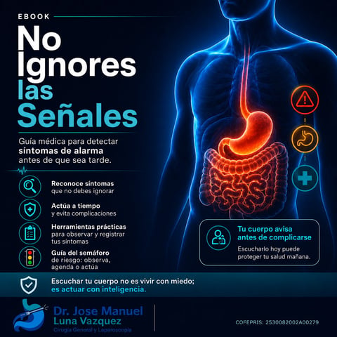 Medical ebook cover about digestive system warning signs with anatomical illustration and Spanish text by Dr. Jose Manuel Luna Vazquez