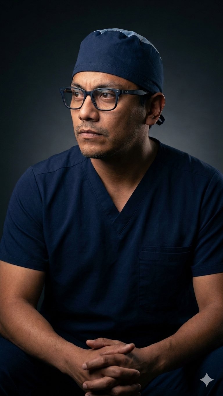 Male healthcare professional in dark blue scrubs and surgical cap wearing glasses, posed against dark background with hands folded