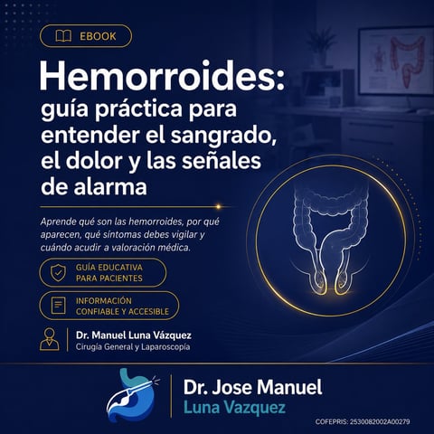 Ebook cover on hemorrhoids with title, anatomical illustration in circular frame, and details about Dr. Manuel Luna Vazquez