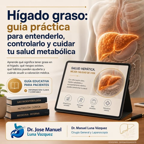 Educational guide about fatty liver disease showing liver anatomy and tablet displaying hepatic health information by Dr. Jose Manuel Luna Vazquez