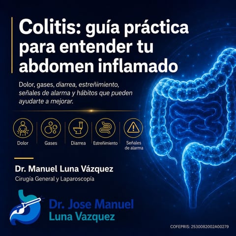 Medical guide on colitis showing inflamed colon with symptoms and Dr. Manuel Luna Vázquezs information