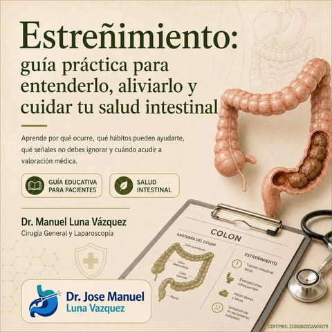 Spanish medical guide on constipation featuring intestinal diagram, clipboard with colon illustration, and stethoscope by Dr. Manuel Luna Vázquez