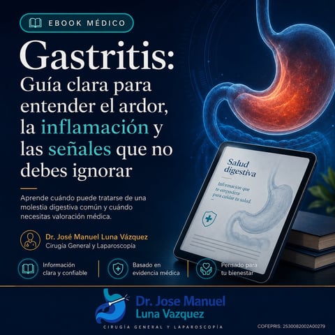 Medical ebook cover about gastritis in Spanish, featuring a 3D illustration of an inflamed stomach and a digital health app interface.