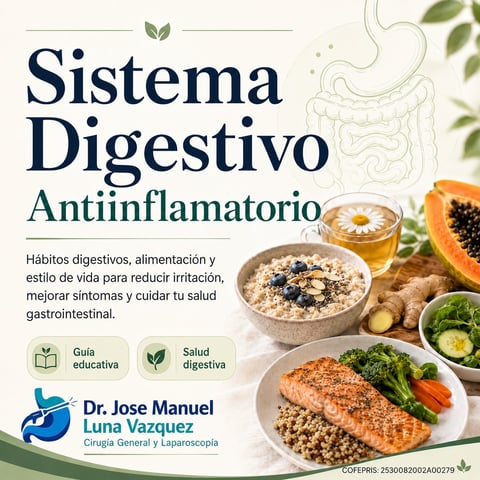 Anti-inflammatory digestive system guide by Dr. Jose Manuel Luna Vazquez featuring healthy foods and wellness information