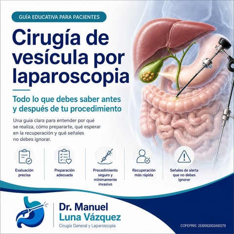 Spanish patient educational guide for laparoscopic gallbladder surgery by Dr. Manuel Luna Vázquez, showing anatomical diagram and key information topics
