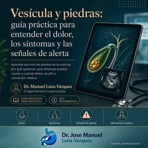 Medical educational guide about gallstones and kidney stones by Dr. Manuel Luna Vázquez, showing diagnostic ultrasound imagery on tablet