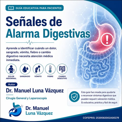 Educational guide on digestive alarm signals showing warning symptoms like abdominal pain, bleeding, vomiting, fever and digestive changes by Dr. Manuel Luna Vázquez