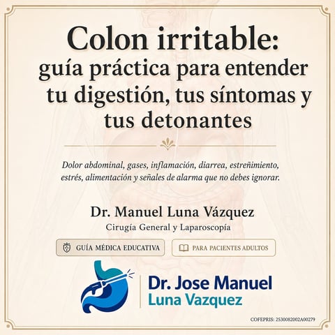 Medical educational guide about irritable colon in Spanish by Dr. Manuel Luna Vázquez, covering symptoms and digestive triggers