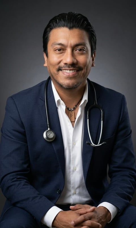 Male healthcare professional in dark blue blazer and white shirt with stethoscope, smiling at camera against gray background