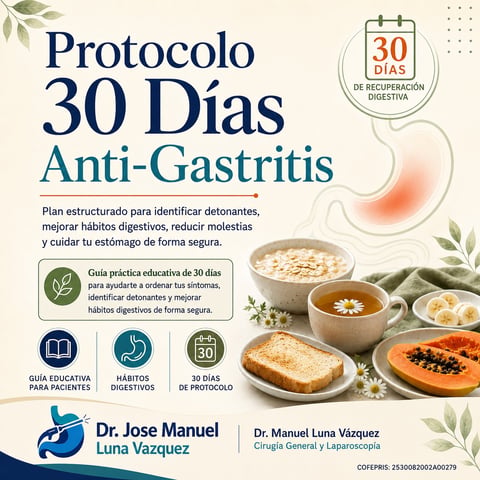 30-day anti-gastritis protocol guide with healthy foods, digestive habits tips, and information from Dr. Jose Manuel Luna Vazquez