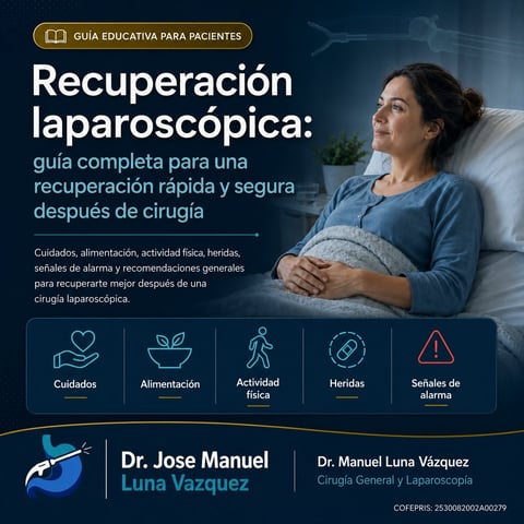 Educational guide for laparoscopic recovery in Spanish, featuring a woman in hospital bed with recovery tips and doctor information